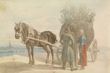 Österreichische Bauern mit Pferd und Wagen, mit Wien in der Ferne